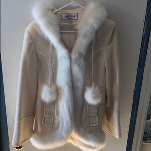 Beautiful white fur trimmed Donatella coat